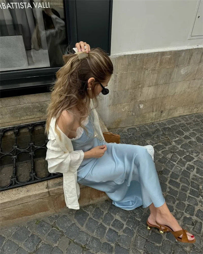 LIZAKOSHT  -  Ruched Sexy Spaghetti Strap Maxi Dress Women Split Blue Sleeveless Backless Club Party Dress Fashion Elegant Vestido