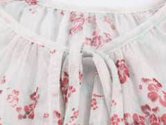 LIZAKOSHT  -  Spring Summer White Pink Floral Print Flare Cuff Long Sleeve Pullover Shirt Women Bow O Collar Loose Short Blouses Femme Tops