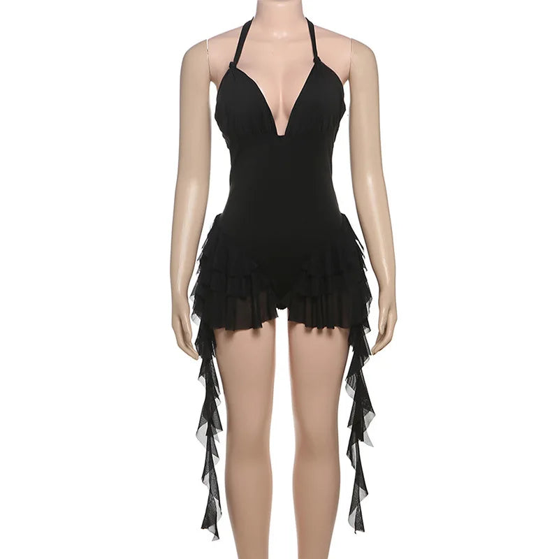 LIZAKOSHT  -  Hot Sexy Halter Deep V-neck Backless Ruffle Tassel Black Playsuits Women Skinny Club High Street One Piece Romper 2025