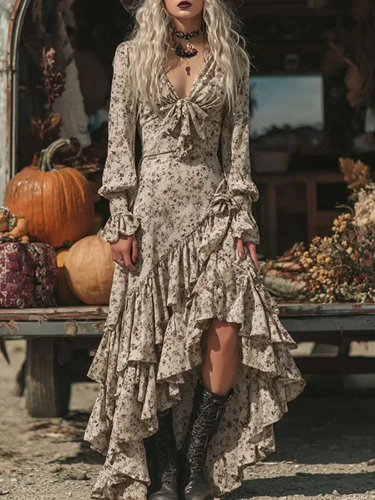 LIZAKOSHT  -  Autumn Elegant V Neck Big Swing Holiday Dress Fashion Flower Print Ruffle Edge Design Women Dress Sexy Hight Waist Slim Dresses