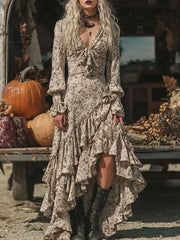 LIZAKOSHT  -  Autumn Elegant V Neck Big Swing Holiday Dress Fashion Flower Print Ruffle Edge Design Women Dress Sexy Hight Waist Slim Dresses