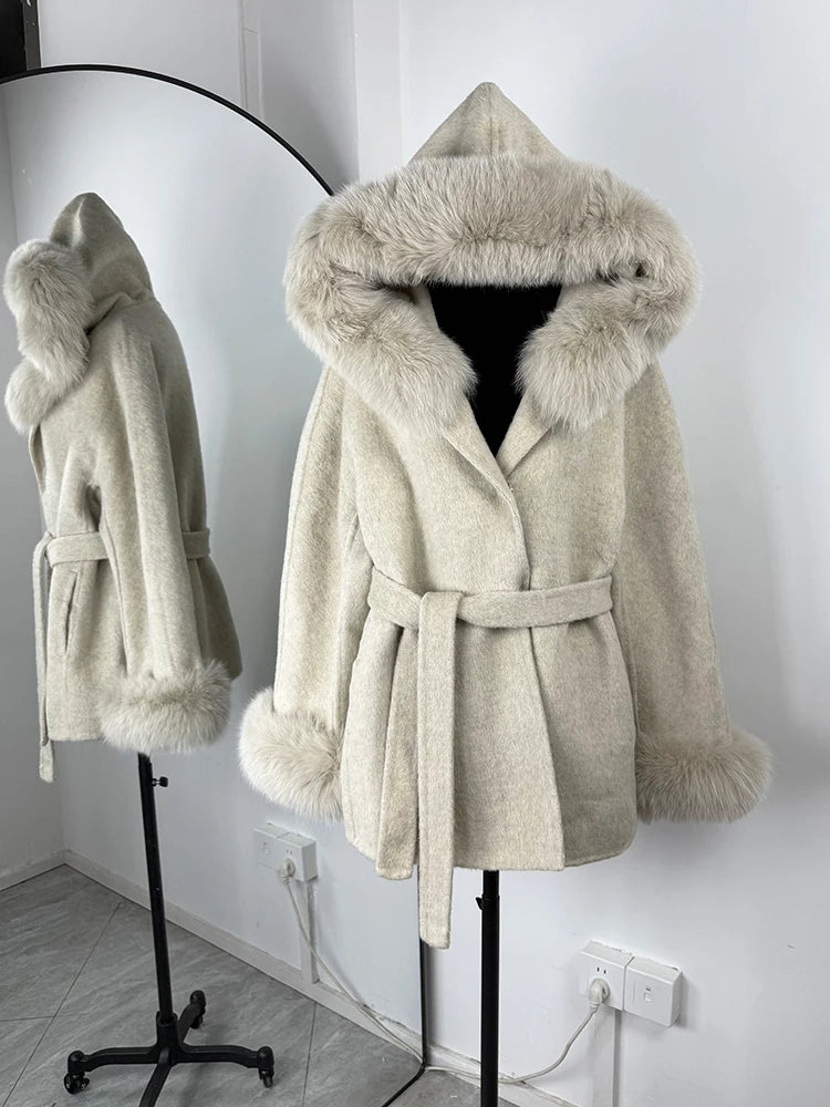 LIZAKOSHT  -  Elegant Lace Up Fur Patchwork Coat Women Loose Solid Long Sleeve V-neck Open Stitch Coats Female Autumn Fashion Jacket