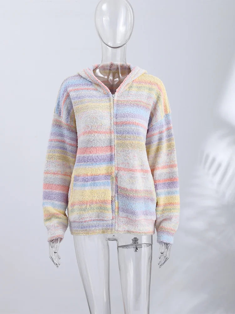 LIZAKOSHT  -  Knitted Rainbow Sweater Woman Hooded Cardigan Colorful Loose Knitwear Long Sleeve Jacket Zipper Coats Autumn Winter Outerwears