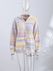 LIZAKOSHT  -  Knitted Rainbow Sweater Woman Hooded Cardigan Colorful Loose Knitwear Long Sleeve Jacket Zipper Coats Autumn Winter Outerwears