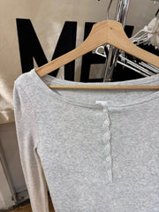 LIZAKOSHT  -  Six Buttons Knitted Long Sleeve T-shirts Autumn Scoop Neck Cotton Slim Tee Shirts Female Casual Simple All-match Woman's tee