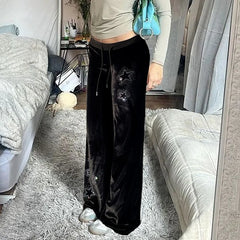 LIZAKOSHT  -  UShaped Star Rhinestone Velvet Low Waist Slim Flared Pants Trousers Jumpsuit Playsuit