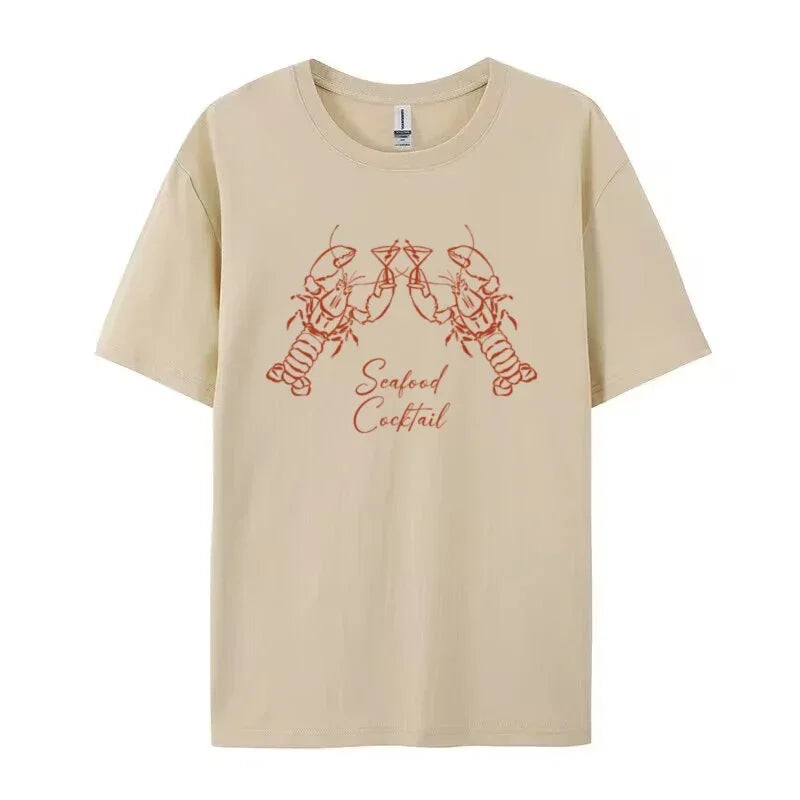 LIZAKOSHT  -  Lobster Cocktail Seafood Graphic Tees Cute Aesthetic La Dolce Vita T Shirt Short Sleeve Cotton Shirt Female Retro Women Tops Y2k