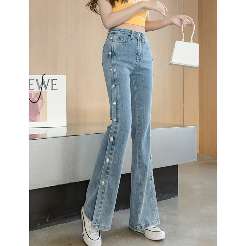 LIZAKOSHT  -  Women Vintage Pocket Long Plus Size Denim Pants Sexy Heavy Industry Wide Leg Summer Thin Side Open Button Jeans Streetwear
