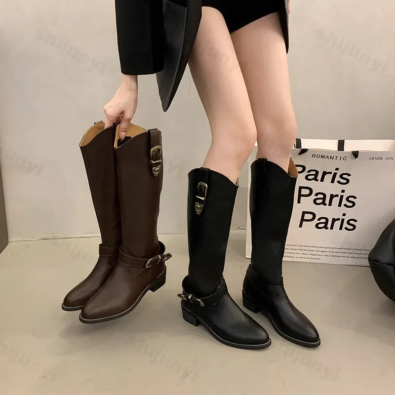 LIZAKOSHT  -  Women Mid Heels Knee High Chelsea Long Boots Fashion Metal Buckle Platform Motorcycle Boots Designer Pointed High Knight Boots