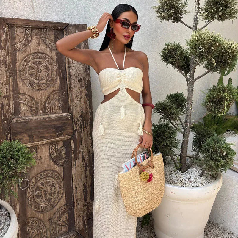 LIZAKOSHT  -  Knitted Halter Hollow Out Long Dress Women Backless Sleeveless Tassels Vacation Long Dresses Beach Solid Street Summer Robe