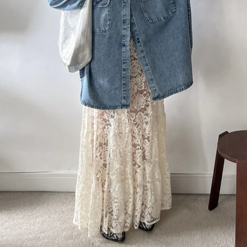 LIZAKOSHT  -  Y2k Vintage Floral See-Through Maxi Skirt Aesthetic Clothes Lace Sheer A-Line Skirt Women High Street Beach Vacation