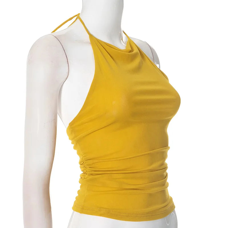 LIZAKOSHT  -  European and American hot girls women's spring summer new solid color sexy backless mesh halterneck top women's 2025