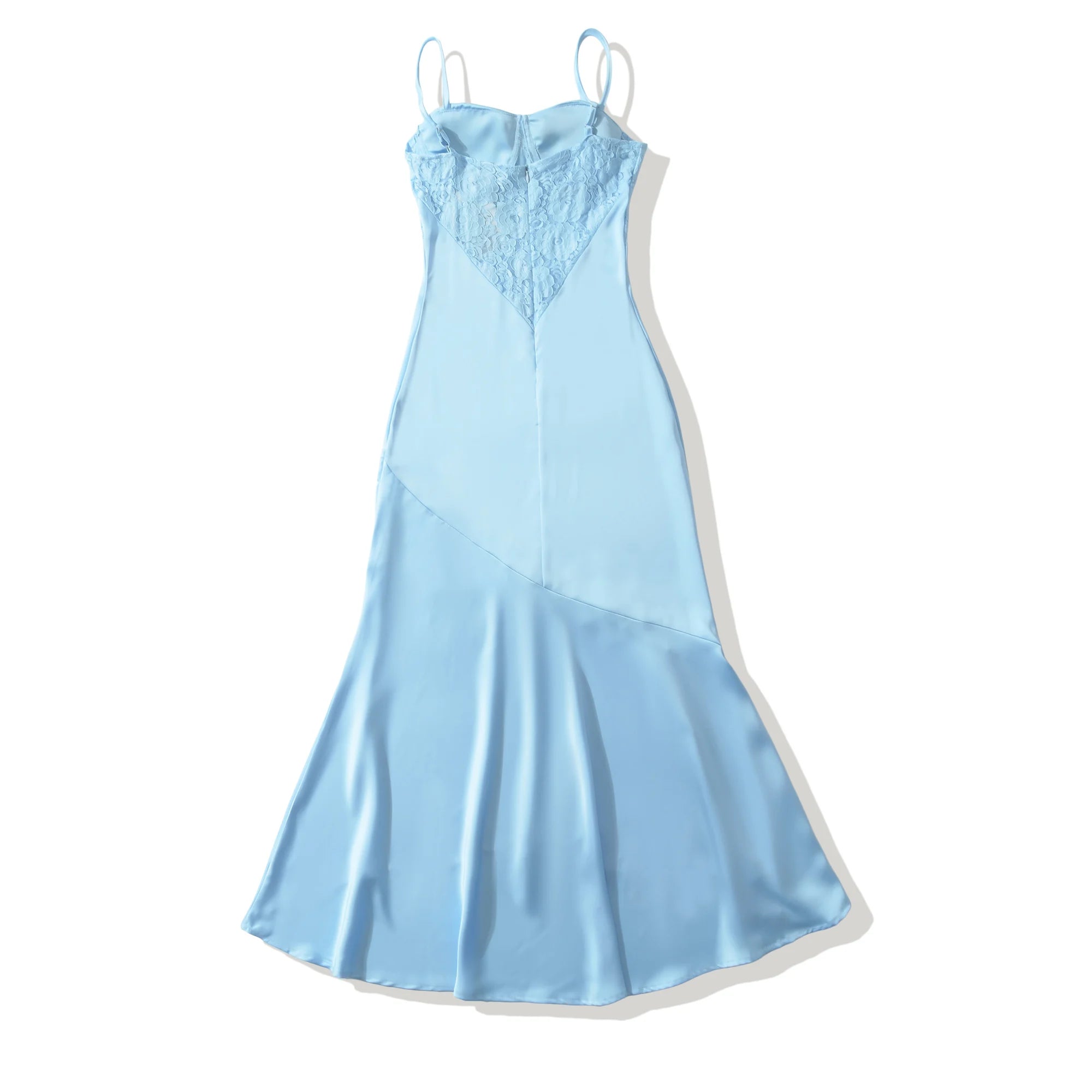 LIZAKOSHT  -  Fashion Light Blue Satin Ruched Bra Spliced Lace Sling Dress Women Hollow Out Slim Waist Midi Long Asymmetry Dresses Femme Robe