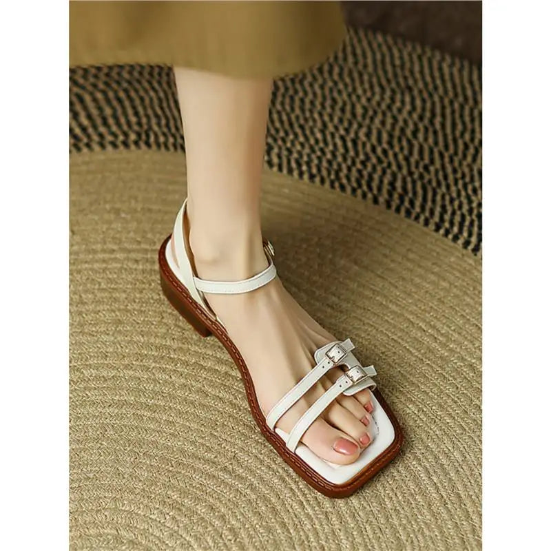 LIZAKOSHT  -  new summer double buckle women sandals retro low heel narrow band gladiator sandalias mujer dress shoes summer footwear