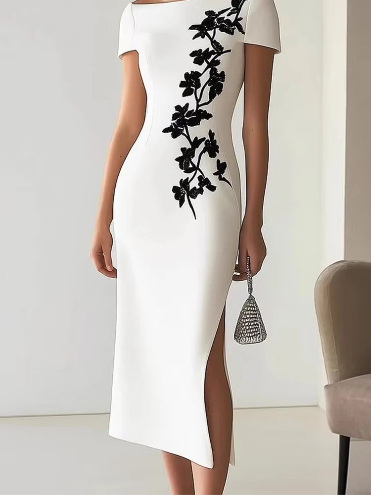 LIZAKOSHT  -  Summer Floral Print Split Long Dresses 2025 Woman Sexy Slash Neck Hollow Party Dress Summer Short Sleeve Slim Boho Dress Vestido