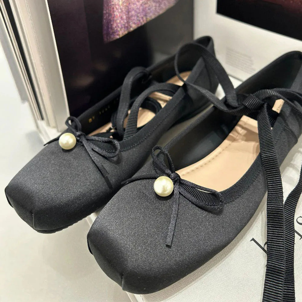 LIZAKOSHT  -  Summer Cute Square Toe Ballet Flats Shoes Women with Riband Sweet Satin Slip On Comfortable sole Office Lady Daily Shoes