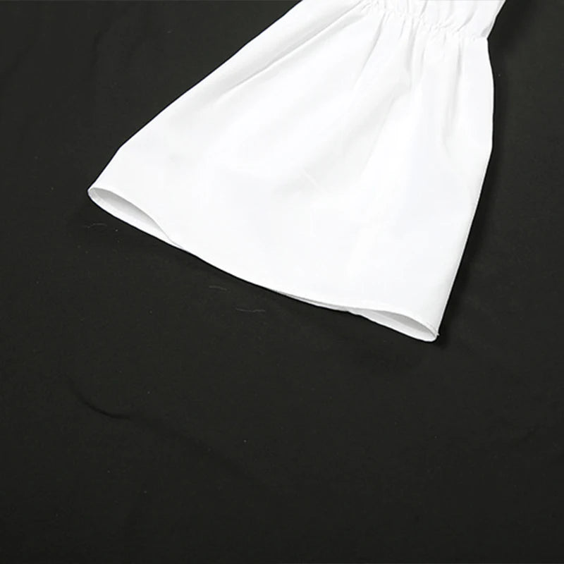 LIZAKOSHT  -  Slash Neck Contrast Dresses Elegant Off-shoulder Lace Up Pleated Puff Sleeved Open Back Short Dress Casual Party Streetwear