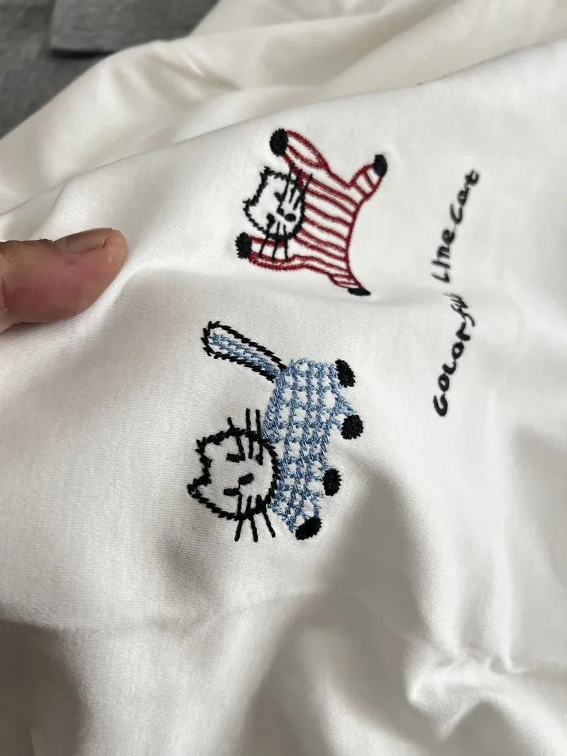 LIZAKOSHT  -  Korean Style Cat Embroidery Short Sleeve Crew Neck T-Shirt Casual Summer New White Women's Top Fashionable Girl's Clothing