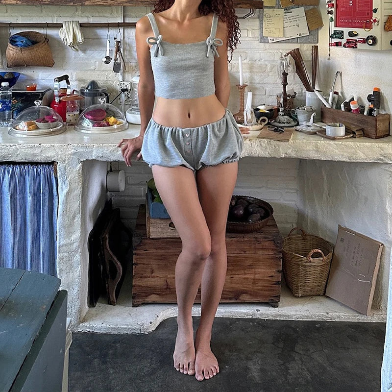 LIZAKOSHT  -  Women Solid Outfits Sleeveless Square Collar Crop Top and Low Waist Ruched Shorts Hot Sexy Homewear Summer Lounge Sets