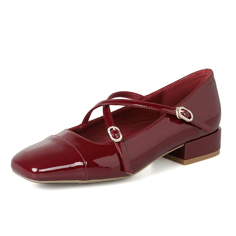 LIZAKOSHT  -  japanned leather cross band pumps women square toe low heel mary janes shoes woman crystal buckle zapatos de tacón mujer