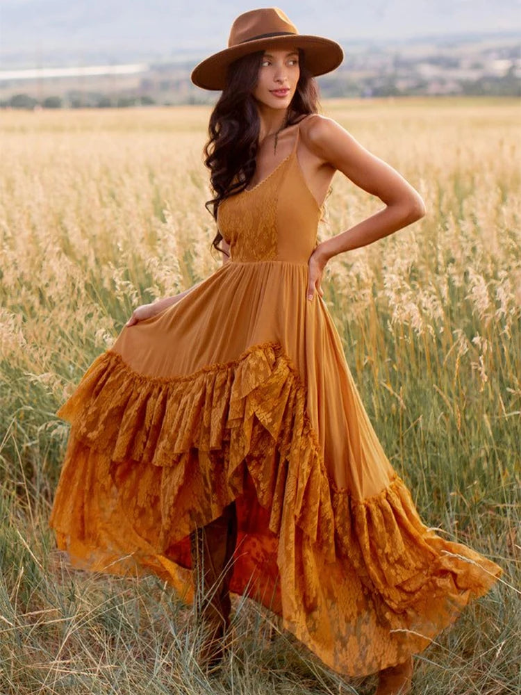 LIZAKOSHT  -  Summer Flowy Beach Dress Sleeveless Slip Maxi Dresses Boho Styles Solid Color Lace Ruffled Sundress Mujer Vestidos 2025