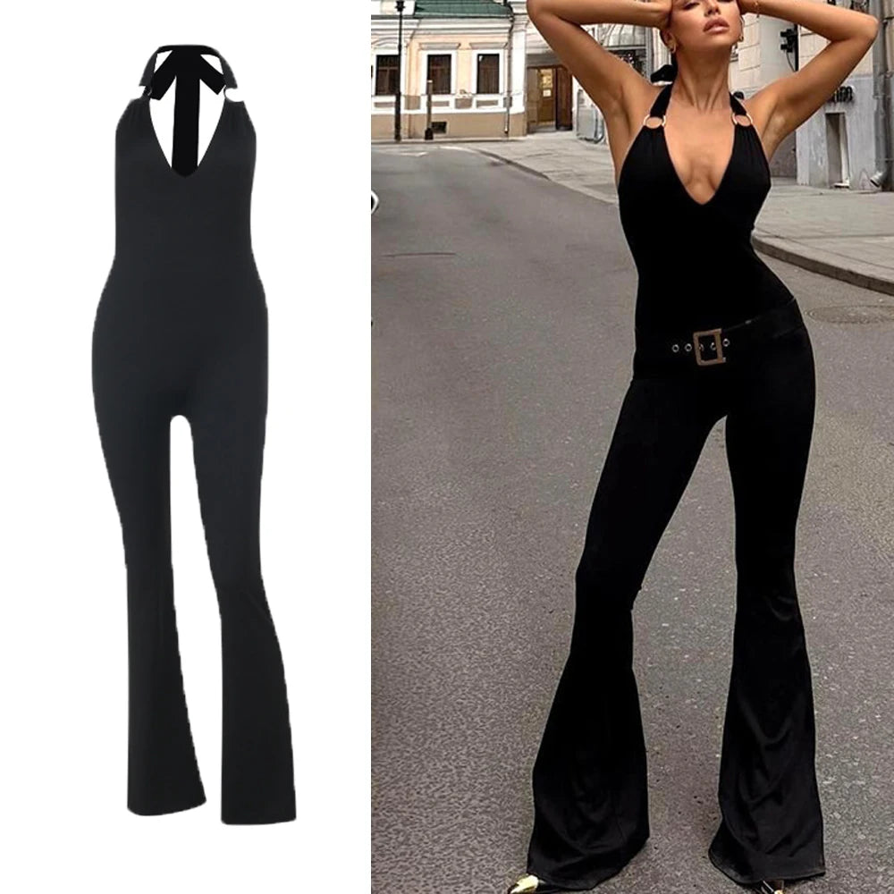 LIZAKOSHT  -  Summer V-Neck Halter Jumpsuit Women's Sleeveless Stretchy Wide Leg Romper Sexy Bodycon One Piece Jumpsuit Outfit
