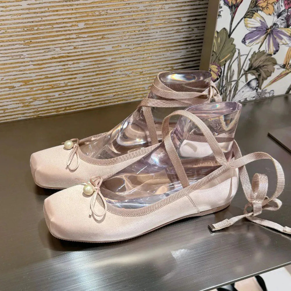 LIZAKOSHT  -  Summer Cute Square Toe Ballet Flats Shoes Women with Riband Sweet Satin Slip On Comfortable sole Office Lady Daily Shoes