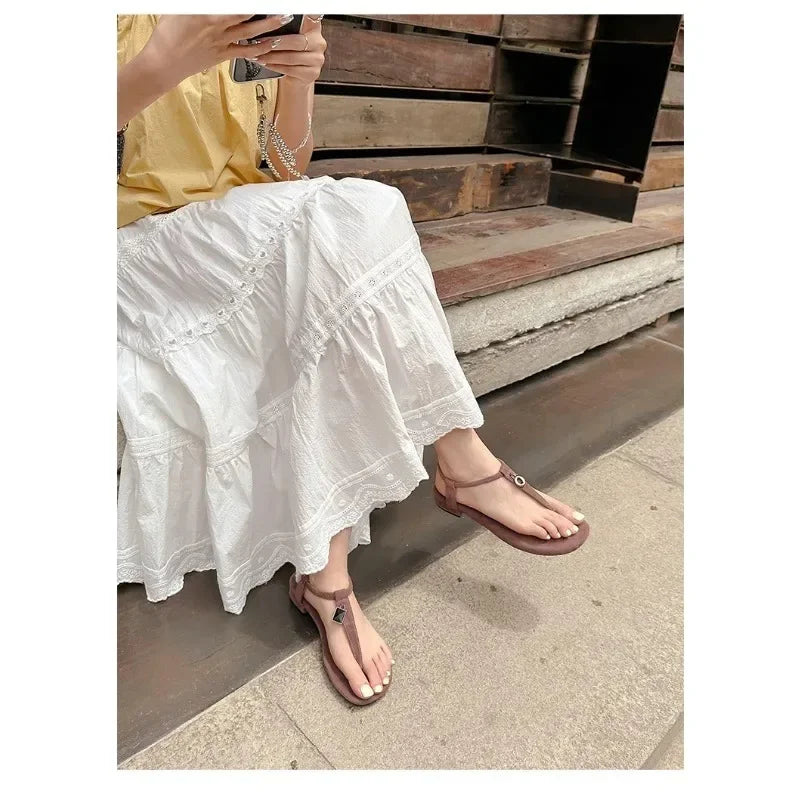 LIZAKOSHT  -  Summer Women's Blue Suede T-Strap Flip Flops Metal Decor Flat Sandals Ankle Strap Casual Slingback Slippers Beach Shoes