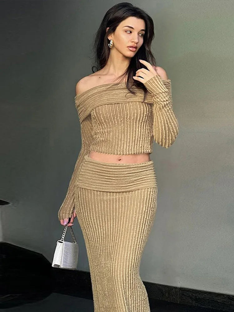 LIZAKOSHT  -  Off-shoulder Pleated Striped Women's Tops Skirts Sets Elegant Solid Color Long Sleeve Pullover Women Casual Long Skirt Set