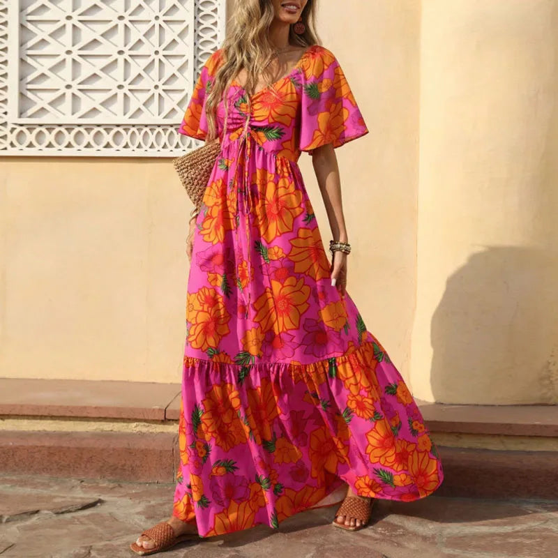 LIZAKOSHT  -  Women Elegant V-neck Draped Vacation Dress Summer Casual Short Sleeve Big Swing Party Dress Fashion Floral Printed Long Dresses