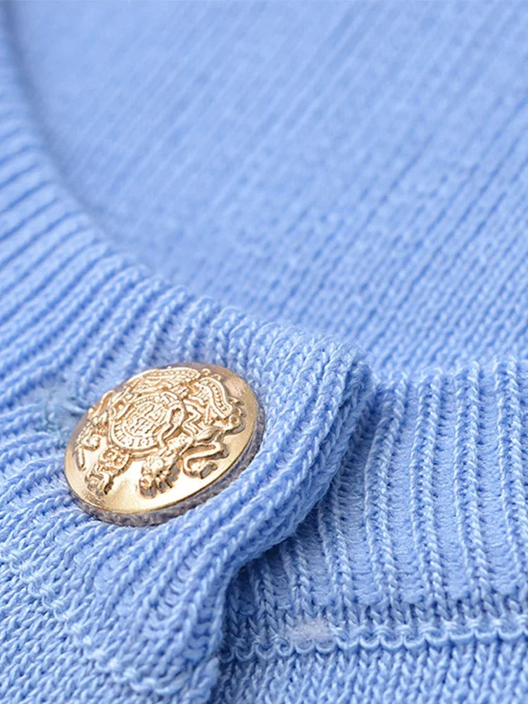 LIZAKOSHT  -  Gold Button Pocket Knitted Short Dresses Solid Color Round Neck French Simple Slimming Fashion Single Breasted Straight Dress