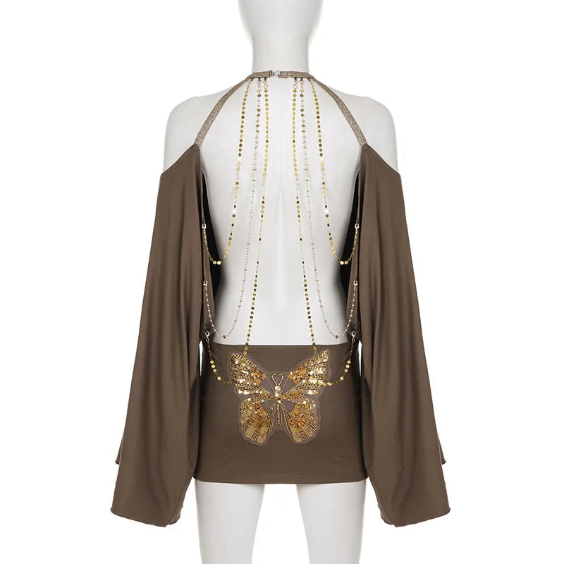 LIZAKOSHT  -  New European and American Hot Girl Style Strapless Backpack Hip Sexy Loose Bat Sleeve Dress Design Halter Neck Skirt