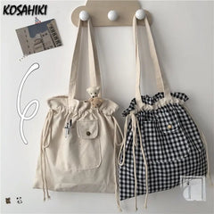 LIZAKOSHT  -  Korean Ins Simple Girls Canvas Bag Japanese Chic Y2k Aesthetic Casual Tote Bags Drawstring Pleated Shoulder Handbags for Women