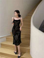 LIZAKOSHT  -  Lace Black Elegant Women Dress Vintage Strap Embroidery Floral Mermaid Midi Club Gown Robe Femme Ropa Sexy Mujer Verano Vestidos