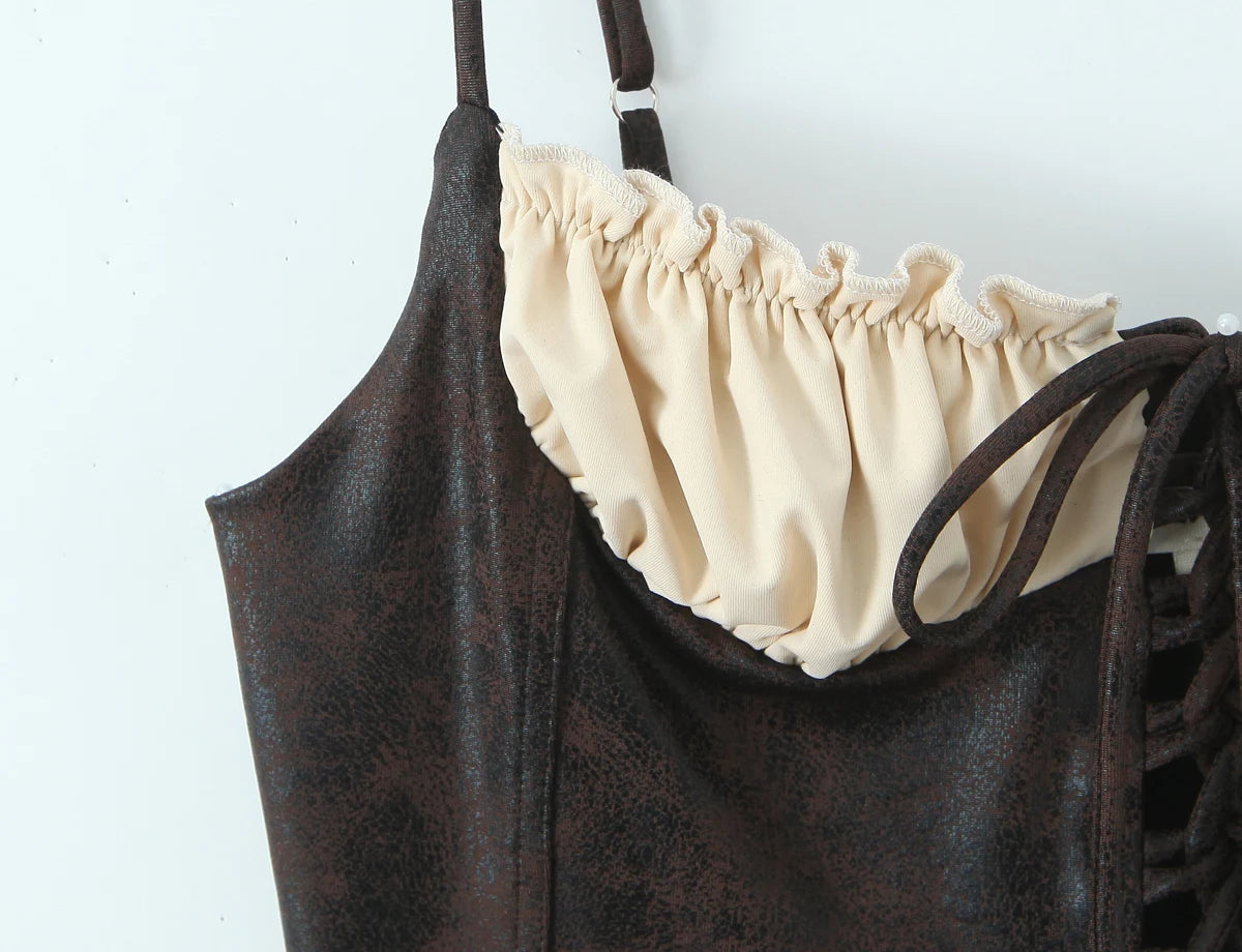 LIZAKOSHT  -  Sexy Brown Patchwork Wood ears Bra Corset Camis Women Cross Lacing up Bandage Bow Front Crop Top Camisoles Bra Tank Vest
