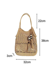 LIZAKOSHT  -  Fashion Women's Handbag with Wooden Bead Tassel One Shoulder Bag Cotton Woven Design Zipper Closure Totes
