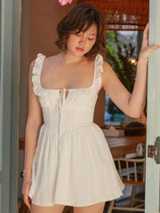 LIZAKOSHT  -  Ruffied Square Collar Mini Dress Women Spaghetti Strap Sleeveless Patchwork Summer High Waist Slim A-line Holiday Dress