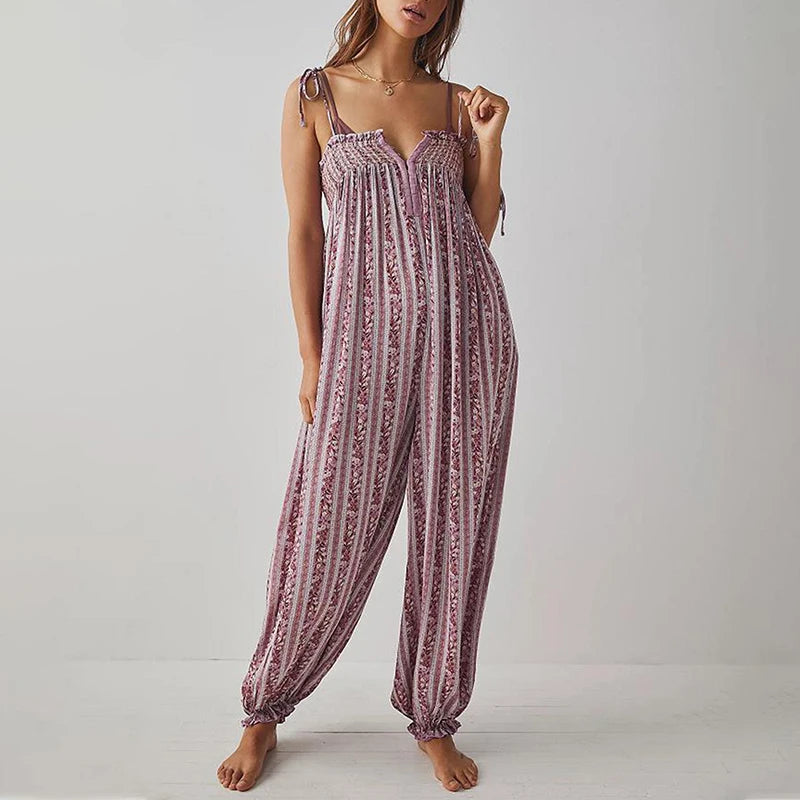 LIZAKOSHT  -  Elegant V-neck Tie-up Suspender Romper Casual Sleeveless Loose Women Jumpsuit Vintage Pattern Print High Waist Summer Playsuits