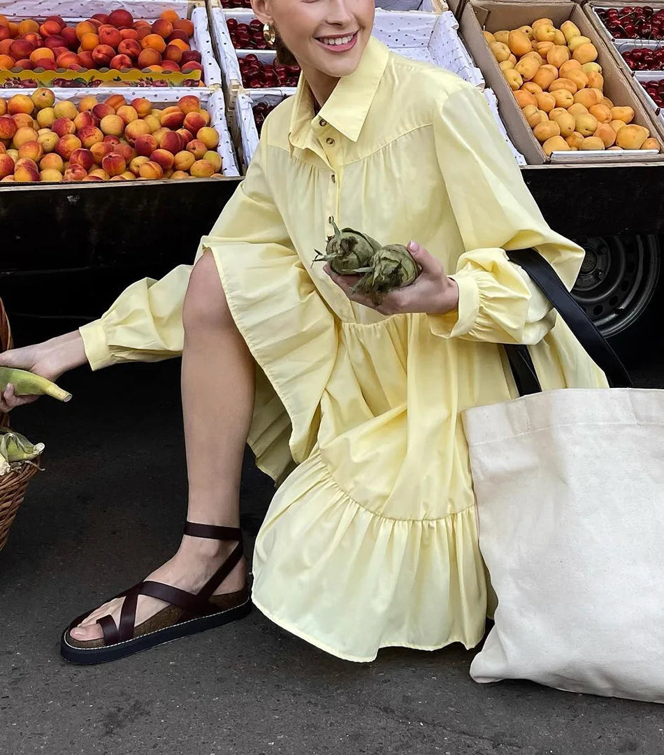 LIZAKOSHT  -  Spring/Summer New Bubble Sleeves Flip Collar Shirt Dress Women's Ruffle Edge Loose Fashion Casual A-line Dresses