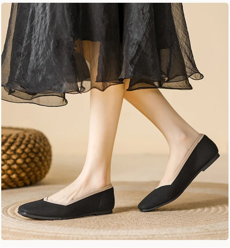 LIZAKOSHT  -  Women Spring Summer Comfort Fashion Knitting Fly Line Flat Shoes Luxury Shallow Mouth Square Toe Soft Sole Single Shoes