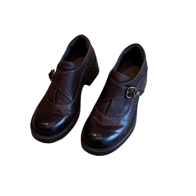 LIZAKOSHT  -   Retro British Style Women Loafers Round Toe Slip on Belt Buckle Block Heel Leather Shoes Versatile Daily Office Commute Footwear