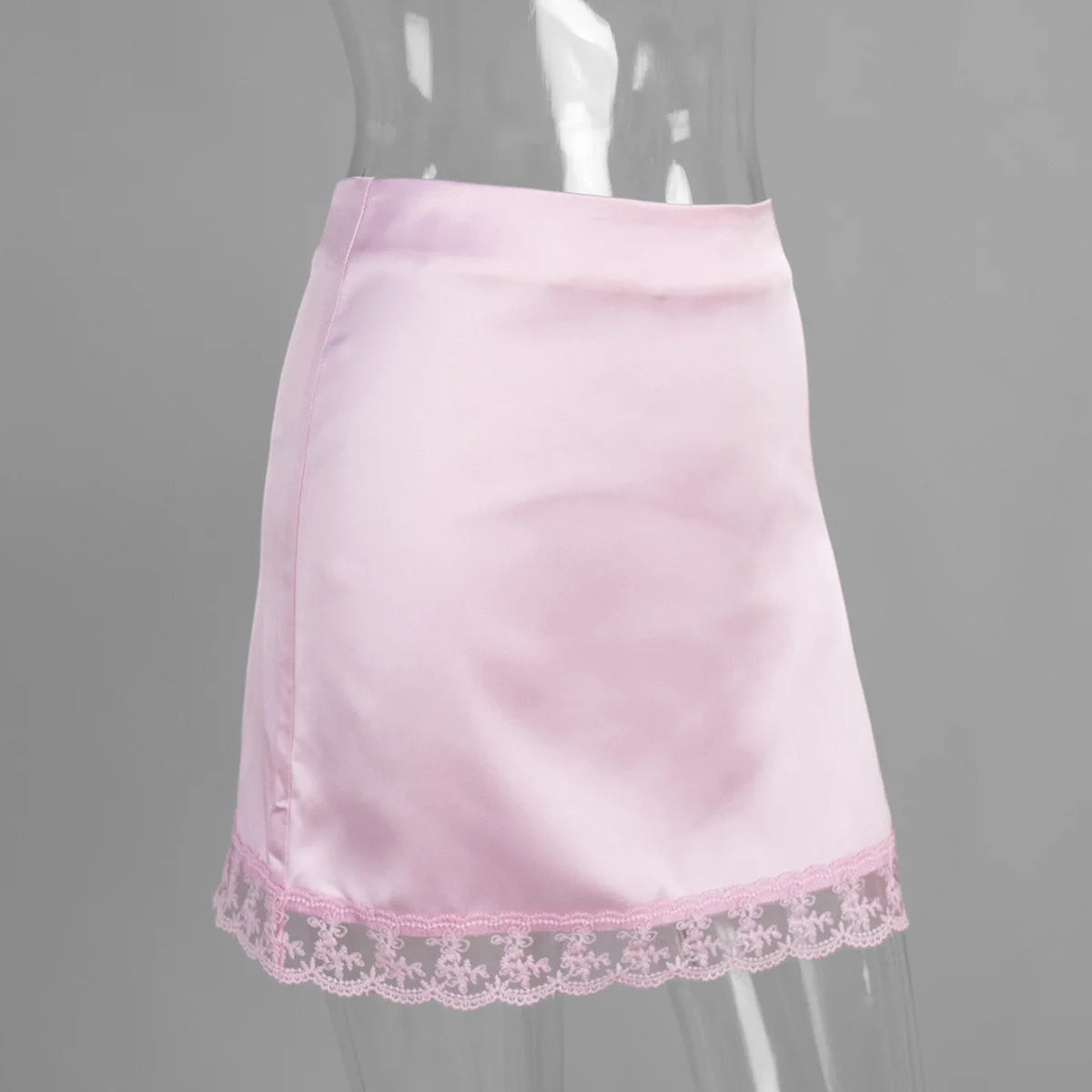 LIZAKOSHT  -  New Chic Lace Patchwork Pink Skirts Women's Summer Zip-up Slim Satin Skirt Female Casual Short Dress Y2K Streetwear