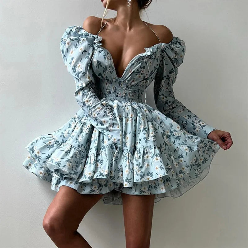 LIZAKOSHT  -  Floral Print Dress For Women Autumn Sexy Deep V Nekc Bandage Long Sleeve Short Dresses Lace Up Elegant Ruffle Dress 2025