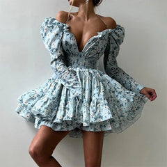 LIZAKOSHT  -  Floral Print Dress For Women Autumn Sexy Deep V Nekc Bandage Long Sleeve Short Dresses Lace Up Elegant Ruffle Dress 2025