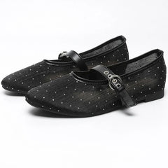 LIZAKOSHT  -  Leopard Mesh Round Toe Flat Ballet Shoes Brand Designer Sandals Women Breathable Soft Sole Comfy Fashion Mary Jane Shoes Female