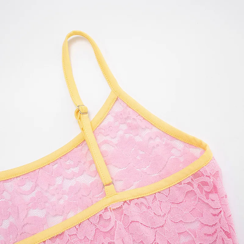 LIZAKOSHT  -  Woman Clothing Y2K Lace Camisoles Streetwear Girls Sexy See-through Corset Top Night Club Outfit Patchwork Pink Crop Top