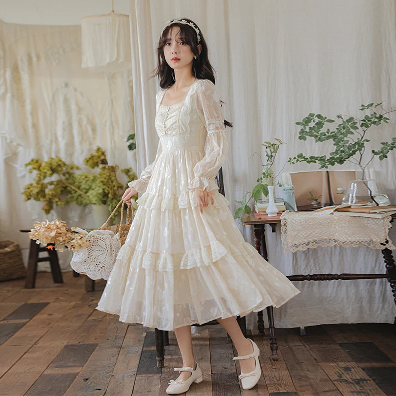 LIZAKOSHT  -  Vintage Lace Floral Dress for Woman French Square Collar Splicing Hollow Out Lantern Sleeve Romantic Sweet Elegant Midi Dresses