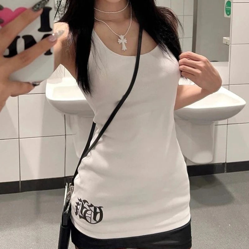 LIZAKOSHT  -  Casual Tank Top Women Chic Printing Sleeveless O Neck Slim Tank Top New Simple Design Sense Spice Girl Y2k Tops