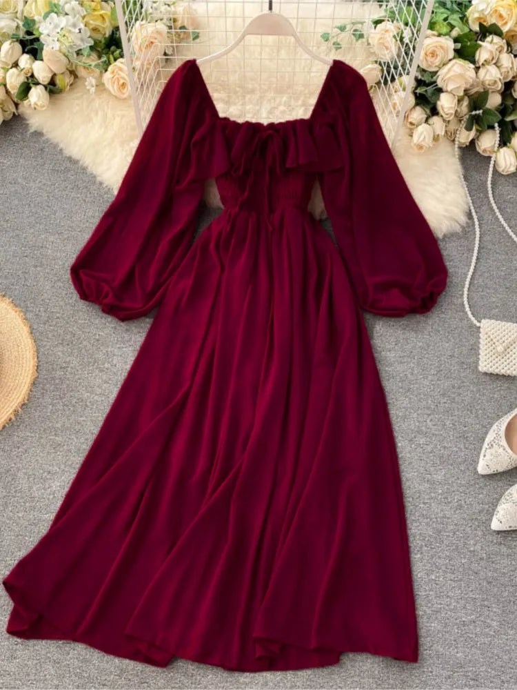Lizakosht Elegant Square Collar Maxi Dress Women Solid Chiffon Puff Long Sleeve Elasticized Waist Korean Fashion Vintage Ruffle Vestidos