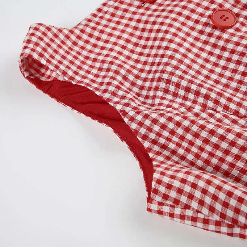 LIZAKOSHT  -  Women Red Plaid Sleeveless Buttons Short Dress Elegant Fashion Lady Streetwear Summer Y2K Sexy Crew Neck Mini Dresses